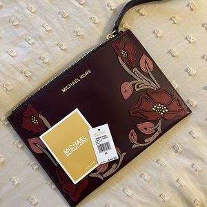 MK Large Zip Clutch, Burgundy Red with Floral Design